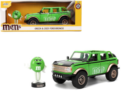 2021 Ford Bronco Green with Black Stripes and Green M&M's Diecast Figure "Hollywood Rides" Series 1/24 Diecast Model Car by Jada