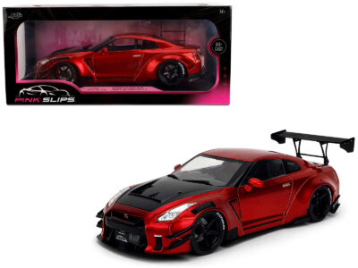 Nissan GT-R (R35) Liberty Walk Body Kit 2.0 RHD (Right Hand Drive) Red Metallic with Carbon Hood "Pink Slips" Series 1/18 Diecast Model Car by Jada