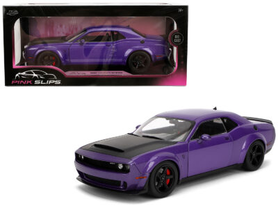 Dodge Challenger SRT Demon Purple Metallic with Matt Black Hood "Pink Slips" Series 1/18 Diecast Model Car by Jada