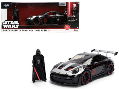 Porsche 911 GT3 RS (992) Black with Silver Hood and Graphics and Darth Vader Figure "Star Wars" Franchise "Hollywood Rides" Series 1/24 Diecast Model Car by Jada