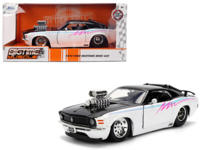 1970 Ford Mustang Boss 429 Black and White with Graphics "Bigtime Muscle" Series 1/24 Diecast Model Car by Jada