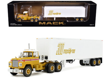 Mack R-Model Day Cab and 40' Vintage Trailer Yellow with Red Stripes and White Top "Mack Anniversary" 1/64 Diecast Model by DCP/First Gear