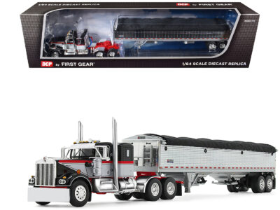 Kenworth W900A with 36" Sleeper and 43' Wilson Pacesetter Grain Trailer Black and Gray with Viper Red Stripes 1/64 Diecast Model by DCP/First Gear