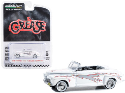 1948 Ford De Luxe Convertible "Greased Lightning" White with Graphics "Grease" (1978) Movie "Hollywood Series" Release 40 1/64 Diecast Model Car by Greenlight