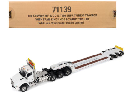 Kenworth T880 SBFA Tridem Truck with Trail King HDG Lowboy Trailer White "Transport Series" 1/50 Diecast Model by Diecast Masters