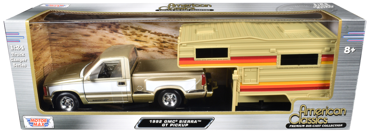 1992 GMC Sierra GT Pickup Truck Gold Metallic with White Sides with Camper Shell "American Classics" Series 1/24 Diecast Model Car by Motormax #1