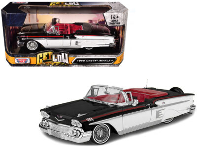 1958 Chevrolet Impala Convertible Lowrider Black and White with Red Interior "Get Low" Series 1/24 Diecast Model Car by Motormax
