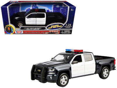2017 Chevrolet Silverado 1500 LT Z71 Crew Cab Pickup Truck Black and White with Flashing Light Bar and Front and Rear Lights and Sounds 1/27 Diecast Model Car by Motormax