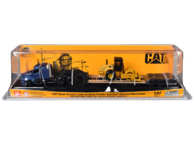 Kenworth T880 Tractor Blue Metallic with Lowboy Trailer and CAT Padfoot Roller Yellow 1/87 (HO) Diecast Model by Diecast Masters
