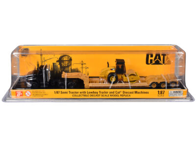 Kenworth T880 Tractor Black with Lowboy Trailer and CAT Roller Yellow 1/87 (HO) Diecast Model by Diecast Masters