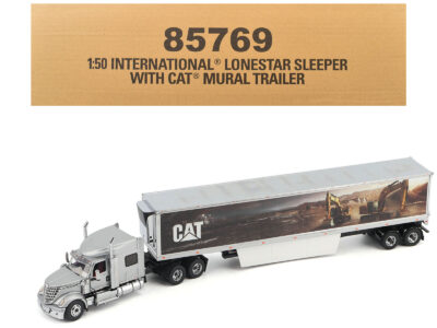 International Lonestar Truck with Sleeper Silver Metallic with "CAT Caterpillar" Mural Trailer "Transport Series" 1/50 Diecast Model by Diecast Masters