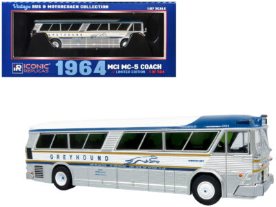 1964 MCI MC-5A Coach Bus "Greyhound Golden Anniversary" Silver with Blue and Gold Stripes "Vintage Bus & Motorcoach Collection" Limited Edition to 504 pieces Worldwide 1/87 (HO) Diecast Model by Iconic Replicas