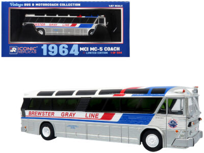 1964 MCI MC-5A Coach Bus "Brewster Gray Line" Silver with Blue and Red Stripes "Vintage Bus & Motorcoach Collection" Limited Edition to 504 pieces Worldwide 1/87 (HO) Diecast Model by Iconic Replicas