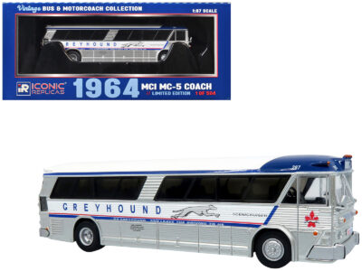 1964 MCI MC-5A Coach Bus "Greyhound Canada" White with Blue Stripes "Vintage Bus & Motorcoach Collection" Limited Edition to 504 pieces Worldwide 1/87 (HO) Diecast Model by Iconic Replicas
