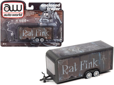 4-Wheel Enclosed Car Trailer Dark Gray with Graphics "Rat Fink" 1/64 Diecast Model by Auto World