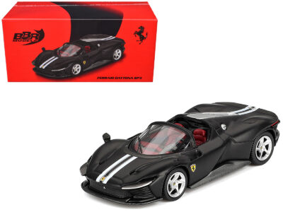 Ferrari Daytona SP3 Matt Black with White Stripes and Red Interior 1/64 Diecast Model Car by BBR