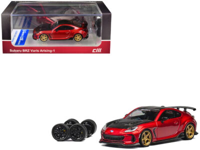 Subaru BRZ Varis Arising-1 RHD (Right Hand Drive) Red Metallic with Carbon Hood and Top and Extra Wheels 1/64 Diecast Model Car by CM Model
