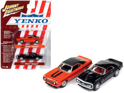 1969 Chevrolet Camaro Hugger Orange with Black Top and Stripes and 1967 Chevrolet Camaro Black with White Stripe and Red Interior "Yenko" Series Set of 2 Cars 1/64 Diecast Model Cars by Johnny Lightning
