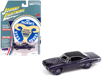 1970 Dodge Coronet Super Bee "Mr. Norm's" Plum Crazy Metallic with Black Top and White Stripes 1/64 Diecast Model Car by Johnny Lightning