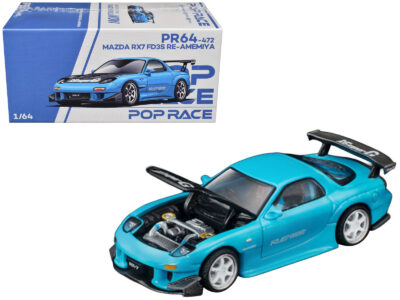 Mazda RX7 (FD3S) RE Amemiya RHD (Right Hand Drive) Light Blue with Carbon Hood "Tokyo Auto Salon 2026" 1/64 Diecast Model Car by Pop Race