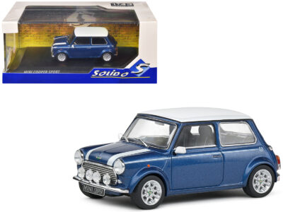 1994 Mini Cooper Sport Tahiti Blue Metallic with White Top and Stripes 1/43 Diecast Model Car by Solido