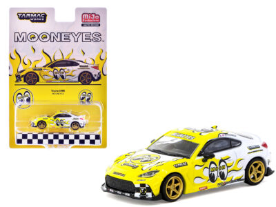 Toyota GR86 RHD (Right Hand Drive) "MoonEyes" White with Yellow Flames and Graphics "Global64" Series 1/64 Diecast Model by Tarmac Works