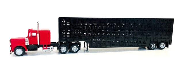 Peterbilt with Sleeper Cab Red with Black Livestock Trailer 1/87 (HO) Plastic Model Car by Promotex #2