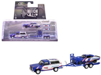 1986 Chevrolet K5 Blazer Blue and White and 1969 Chevrolet Camaro #5 Blue and White "Kyle Larson - Hendrick Motorsports" with Tandem Car Trailer "Racing Hitch & Tow" Series 6 1/64 Diecast Model Cars by Greenlight
