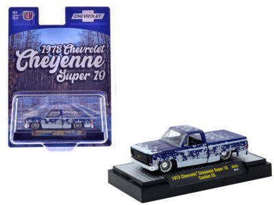 1973 Chevrolet Cheyenne Super 10 Pickup Truck "Merry Christmas - Happy New Year" Blue Metallic with White Snow Graphics Limited Edition to 10428 pieces Worldwide 1/64 Diecast Model Car by M2 Machines