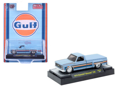 1978 Chevrolet Silverado 30 Pickup Truck "Gulf Oil" Light Blue with Stripes Limited Edition to 10560 pieces Worldwide 1/64 Diecast Model Car by M2 Machines