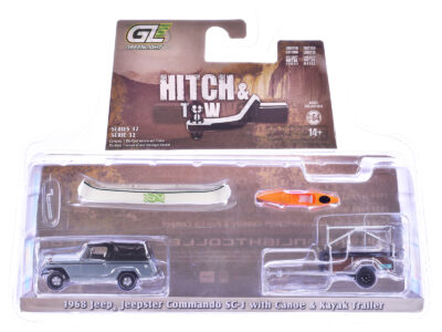 1968 Jeep Jeepster Commando SC-1 Gray with Black Stripes and Top with Canoe Trailer Canoe Rack Canoe and Kayak "Hitch & Tow" Series 32 1/64 Diecast Model Cars by Greenlight