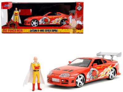 1995 Toyota Supra Red with Graphics and Saitama Diecast Figure "One Punch Man" (2015-2019) TV Series 1/24 Diecast Model by Jada