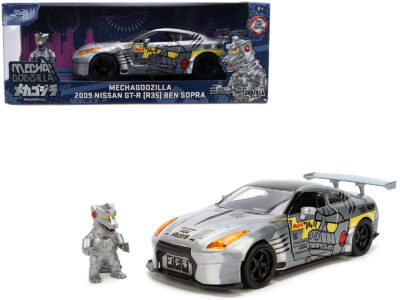 2009 Nissan GT-R (R35) Ben Sopra Brushed Metal with Black Top and Graphics and Mechagodzilla Diecast Figure "Godzilla" Franchise "Anime Hollywood Rides" Series 1/24 Diecast Model by Jada