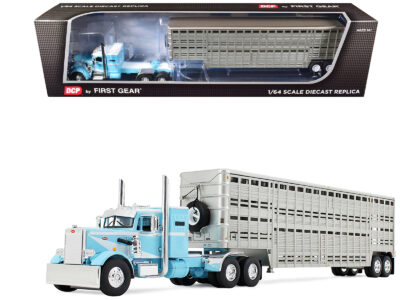 Peterbilt 351 with 36" Vintage Sleeper and 45' Wilson Vintage Livestock Trailer Light Blue with White Stripes 1/64 Diecast Model by DCP/First Gear
