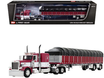 Peterbilt 389 with 63" Flat Top Sleeper and 53’ Wilson Roadbrute Flatbed Trailer with Covered Wagon Maroon with White Stripes 1/64 Diecast Model by DCP/First Gear