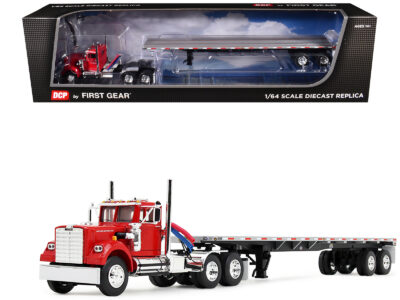 White Western Star 4900 Day Cab with 48’ Utility Flatbed Trailer Viper Red 1/64 Diecast Model by DCP/First Gear