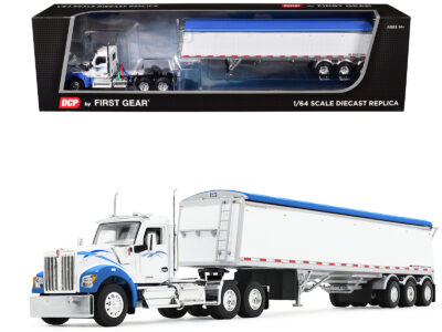 Kenworth W990 Day Cab and Lode King Distinction Hopper Trailer White and Blue 1/64 Diecast Model by DCP/First Gear