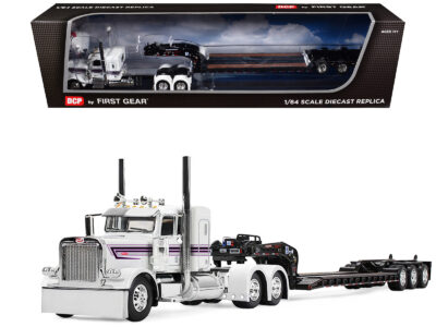 Peterbilt 389 with 36" Flat Top Sleeper and Fontaine Magnitude Lowboy Trailer White with Black Stripes 1/64 Diecast Model by DCP/First Gear