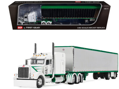 Peterbilt 389 with 63" Mid-Roof Sleeper and 53' Utility Trailer White with Green Stripes 1/64 Diecast Model by DCP/First Gear