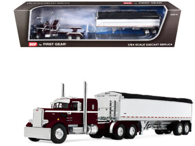 Peterbilt 351 with 36" Sleeper and 34' Wilson Pacesetter Grain Trailer Dark Cherry with White Stripes 1/64 Diecast Model by DCP/First Gear