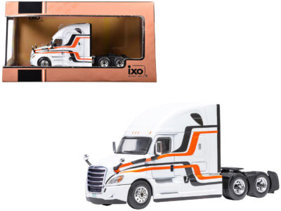 2018 Freightliner Cascadia Truck Tractor White with Black and Orange Stripes 1/64 Diecast Model by IXO Models