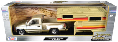 1992 GMC Sierra GT Pickup Truck Gold Metallic with White Sides with Camper Shell "American Classics" Series 1/24 Diecast Model Car by Motormax