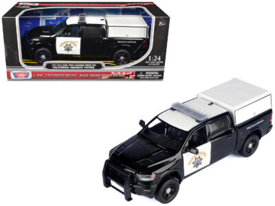 2019 RAM 1500 Laramine Crew Cab Pickup Truck "California Highway Patrol" Black and White with Truck Bed Camper "Law Enforcement and Public Service" Series 1/27 Diecast Model Car by Motormax