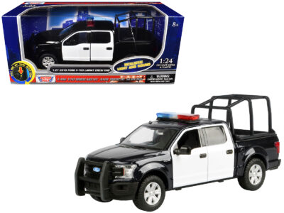 2019 Ford F-150 Lariat Crew Cab Pickup Truck with Bed Cage Black and White with Flashing Light Bar and Front and Rear Lights and Sounds 1/27 Diecast Model Car by Motormax
