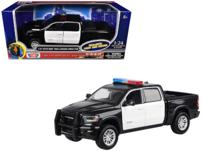 2019 RAM 1500 Laramie Crew Cab Pickup Truck Black and White with Flashing Light Bar and Front and Rear Lights and Sounds 1/27 Diecast Model Car by Motormax