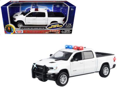 2019 RAM 1500 Laramie Crew Cab Pickup Truck White with Flashing Light Bar and Front and Rear Lights and Sounds 1/27 Diecast Model Car by Motormax