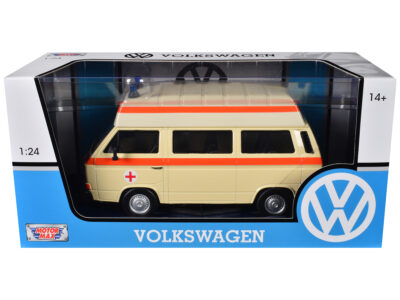 Volkswagen Type 2 (T3) High Roof Ambulance Cream with Orange Stripes 1/24 Diecast Model Car by Motormax