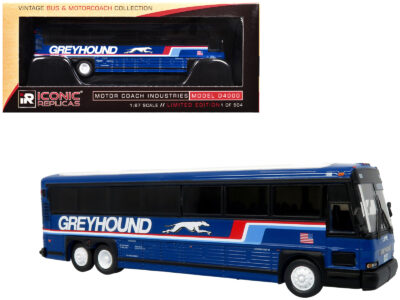 2001 MCI D4000 Coach Bus "Greyhound" Blue with Stripes "Vintage Bus & Motorcoach Collection" Limited Edition to 504 pieces Worldwide 1/87 (HO) Diecast Model by Iconic Replicas
