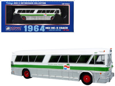1964 MCI MC-5A Coach Bus "Golden Gate Transit" White with Green Stripes "Vintage Bus & Motorcoach Collection" Limited Edition to 504 pieces Worldwide 1/87 (HO) Diecast Model by Iconic Replicas