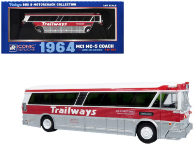 1964 MCI MC-5A Coach Bus "Trailways Chicago" White with Red Stripes "Vintage Bus & Motorcoach Collection" Limited Edition to 504 pieces Worldwide 1/87 (HO) Diecast Model by Iconic Replicas